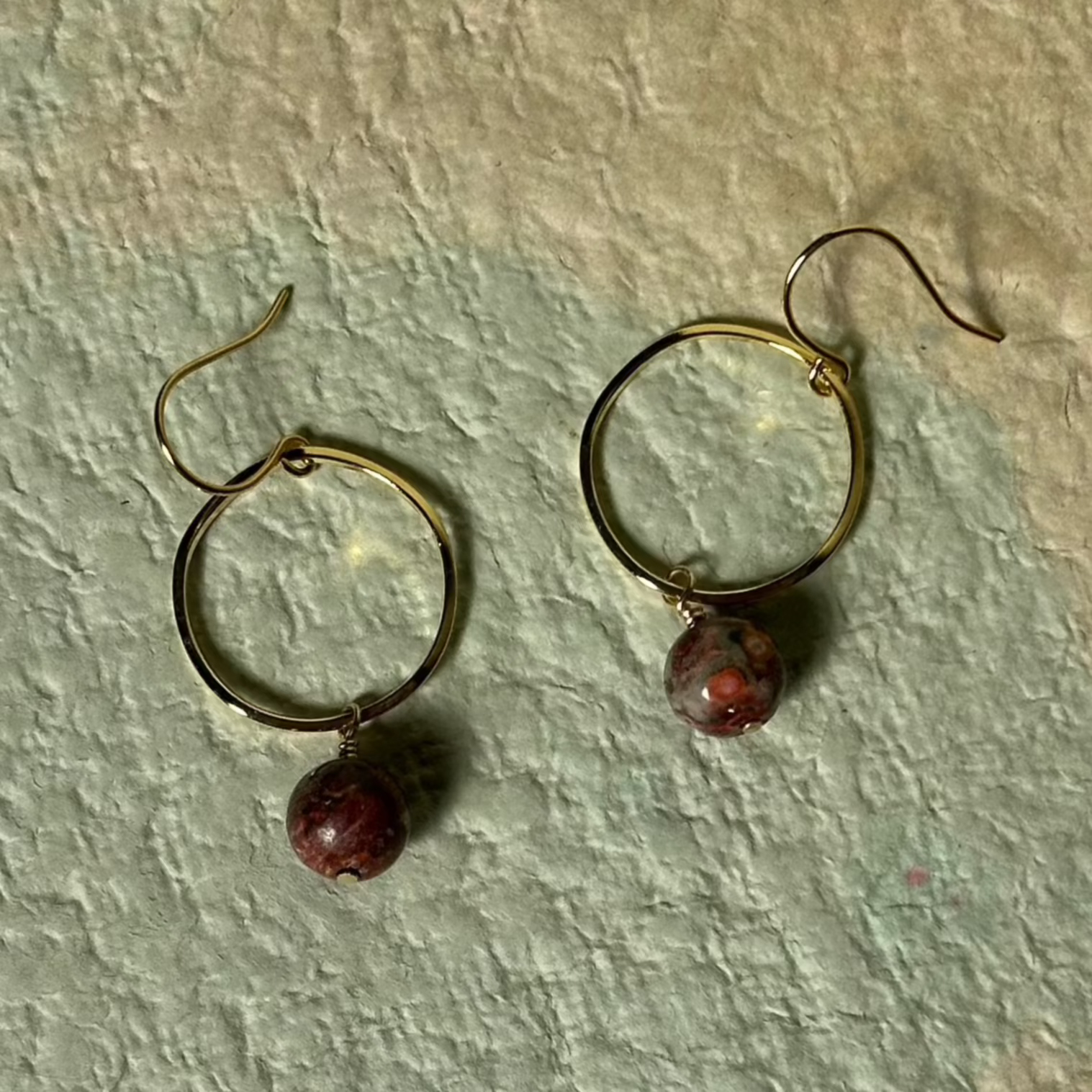 Red Jasper Brass Hoop Earrings