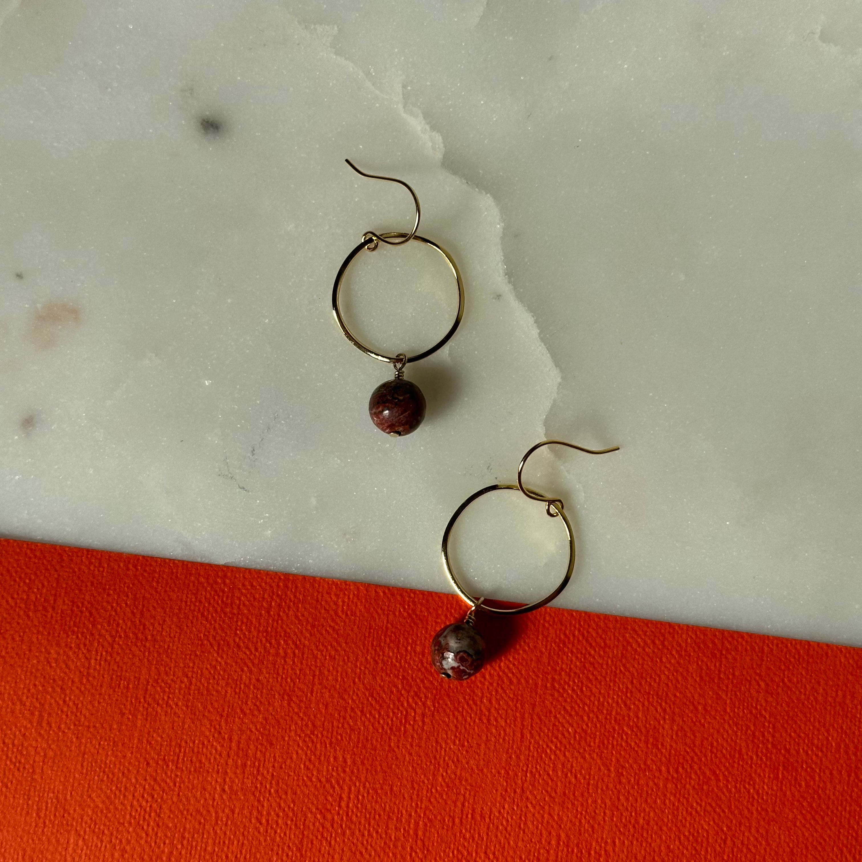 Red Jasper Brass Hoop Earrings