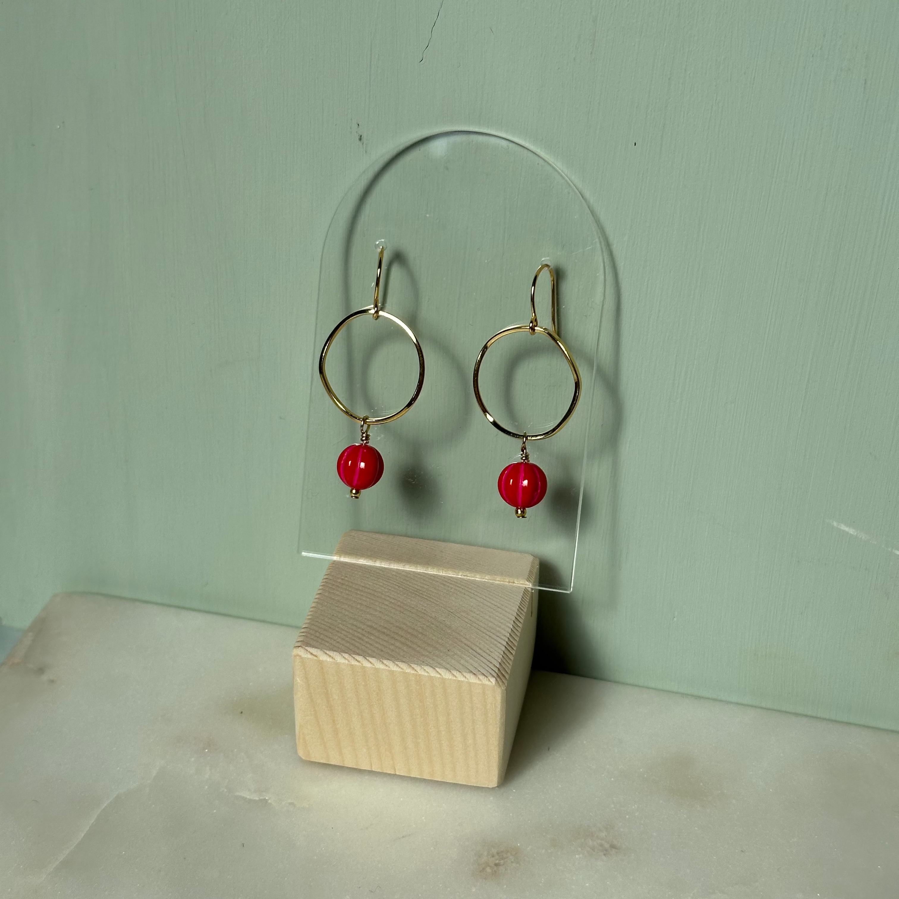 Red and Pink Brass Hoop Earrings