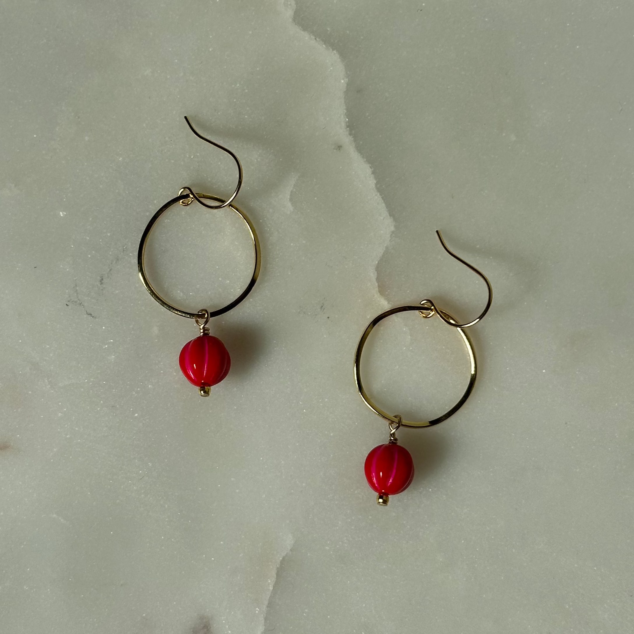 Red and Pink Brass Hoop Earrings