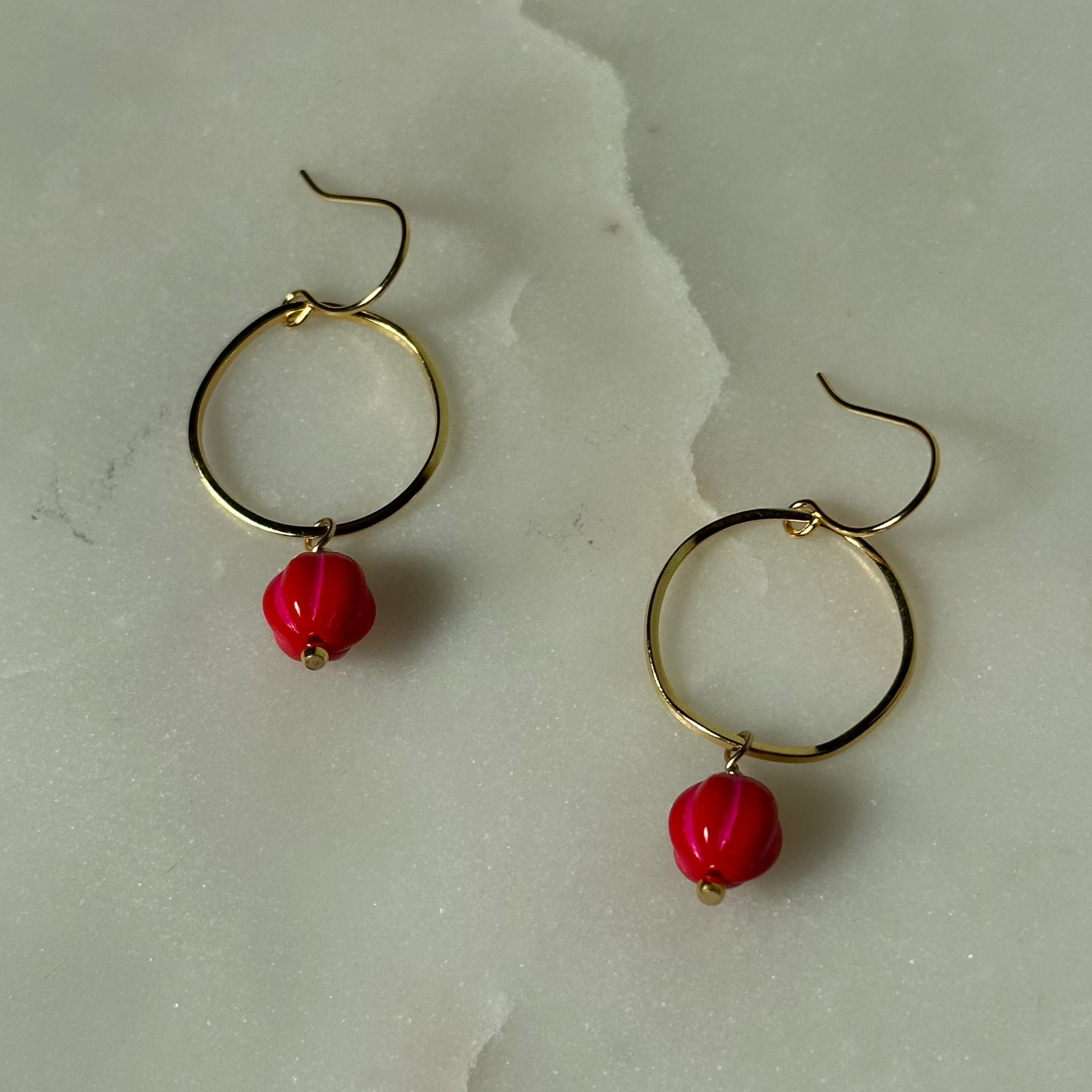 Red and Pink Brass Hoop Earrings