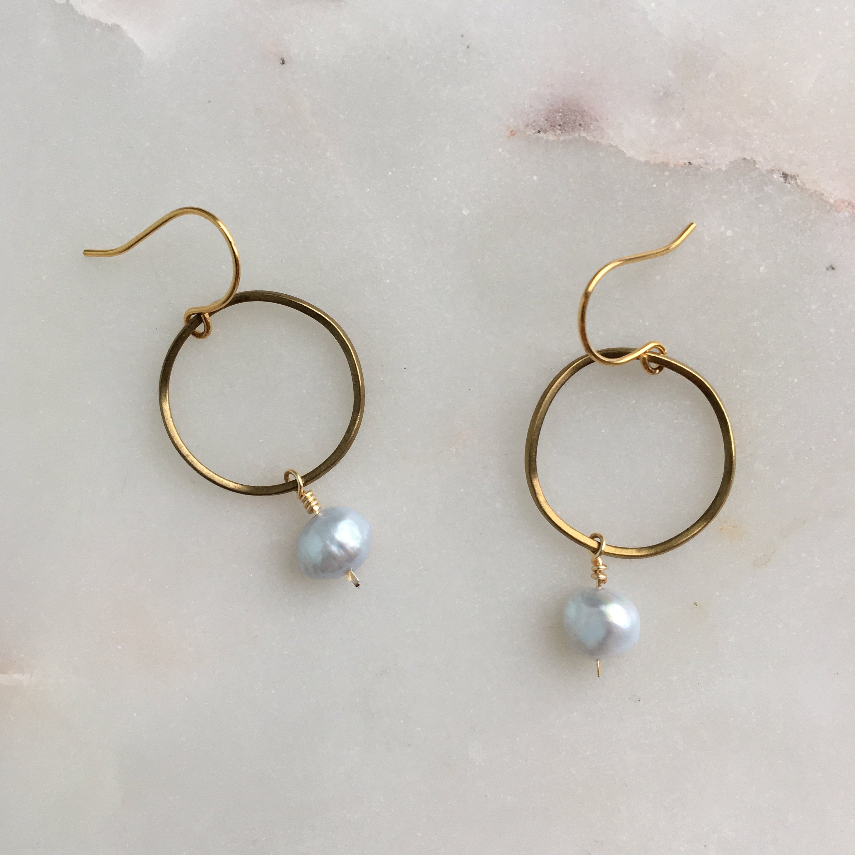 Sky Pearl Brass Hoop Earrings