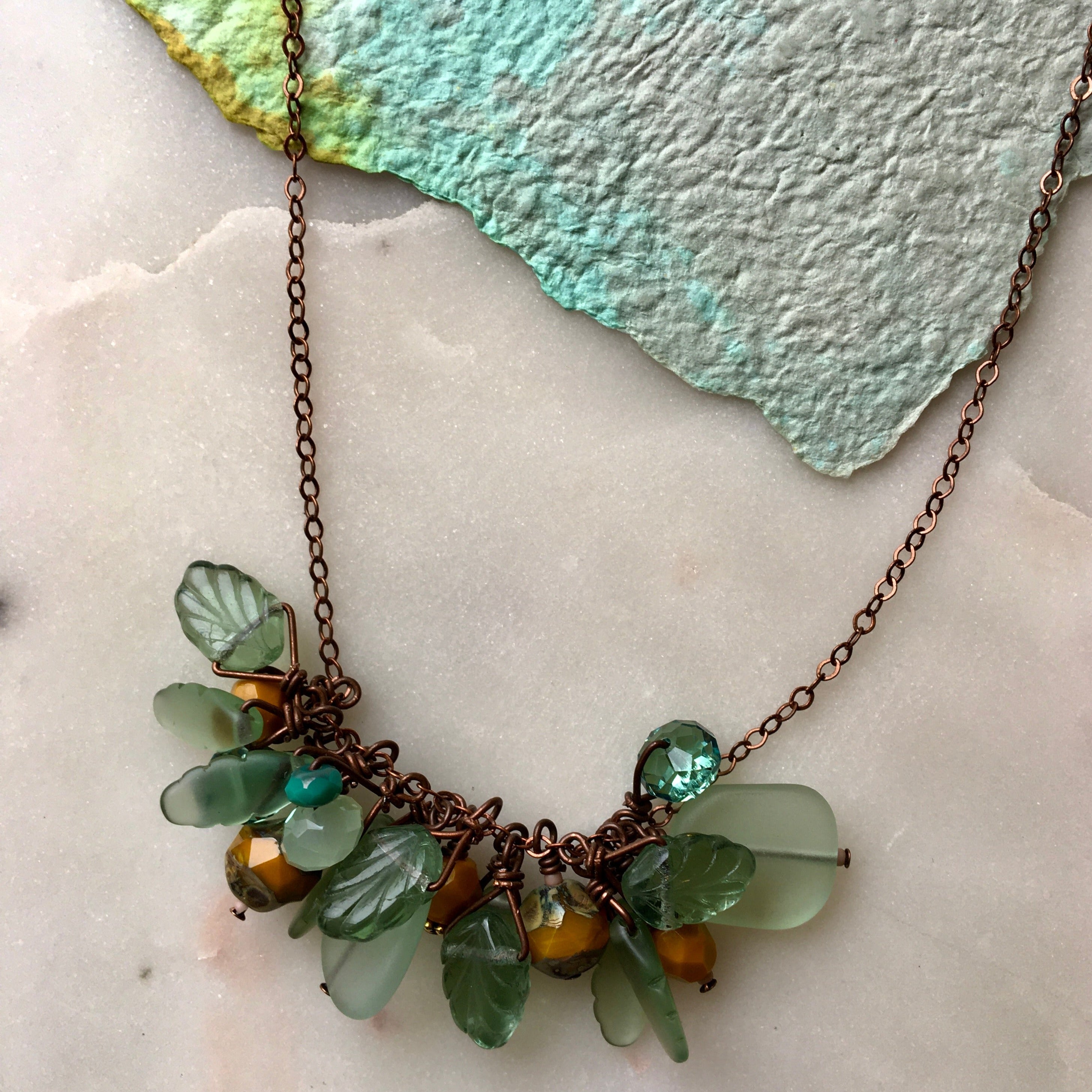 Aqua/Mustard Cluster Necklace