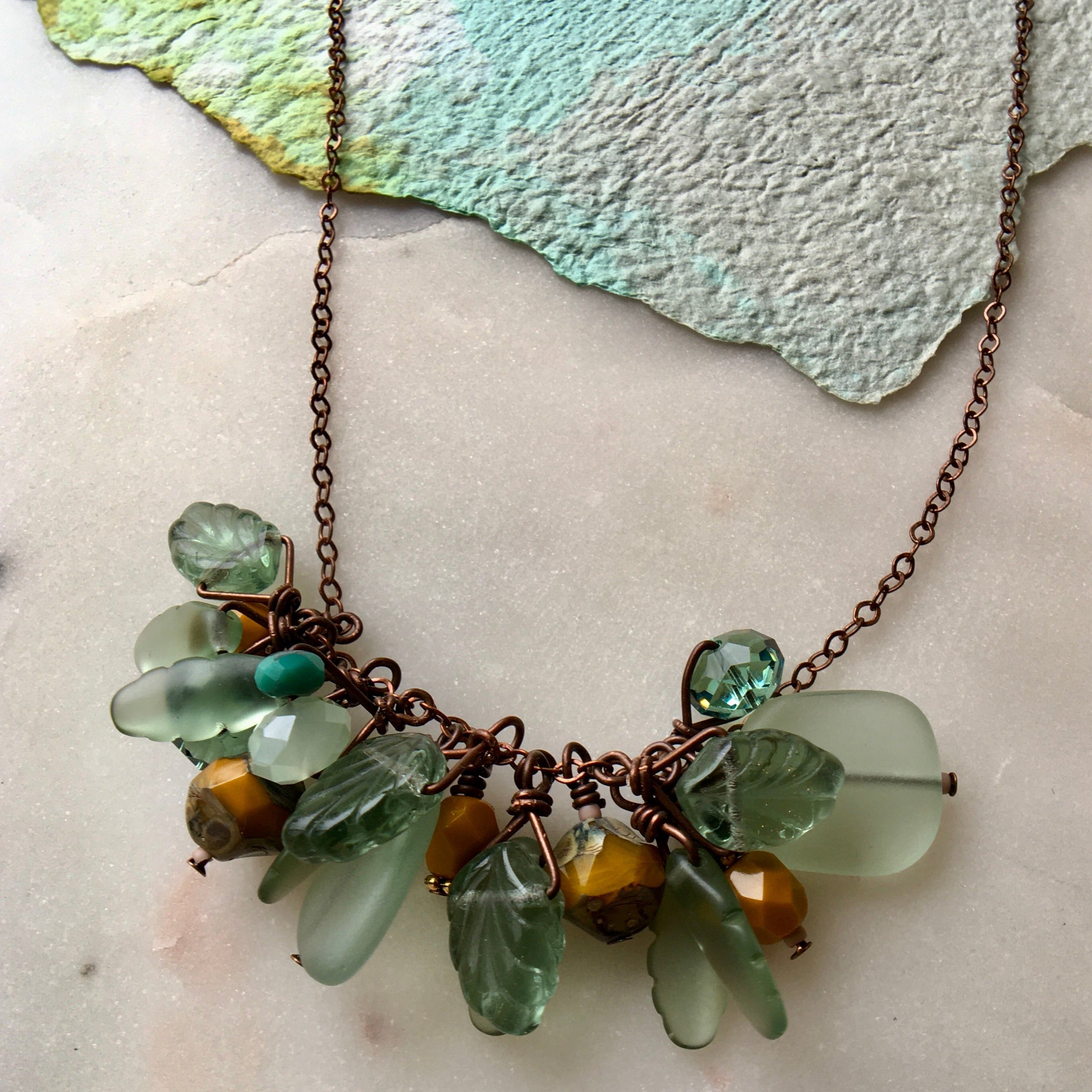Aqua/Mustard Cluster Necklace